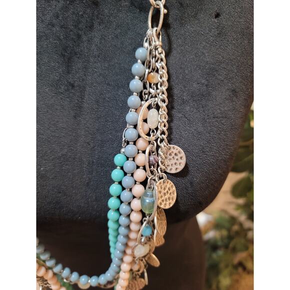 Womens Multi Layer Beaded Charm Necklace Toggle Lock Pastel Blue And Green Beads - Picture 4 of 6
